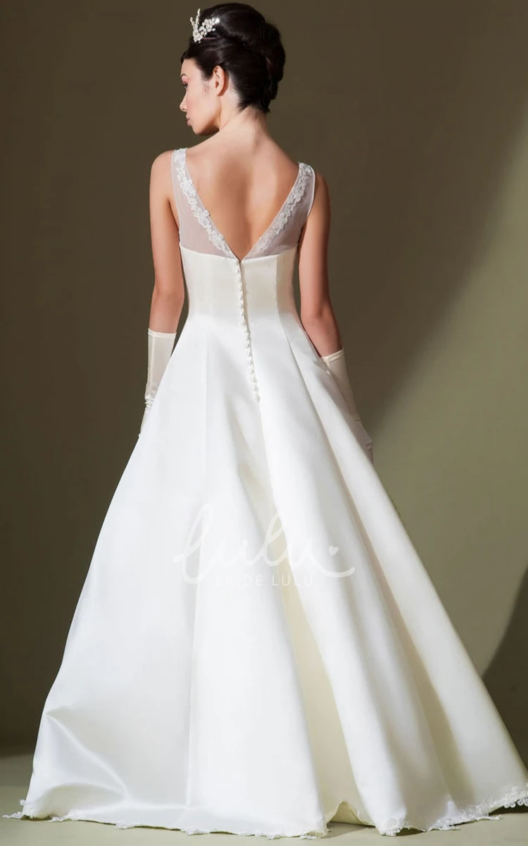 Sleeveless Satin Bateau Wedding Dress with Appliques and Low-V Back