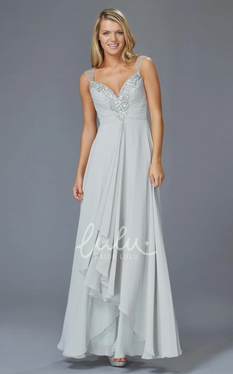 Long Chiffon Queen Anne Dress with Keyhole Beading and Draping Formal Dress