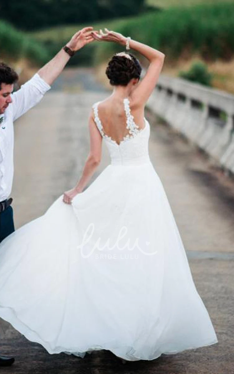 Lace Chiffon A-Line Wedding Dress with Straps and Brush Train