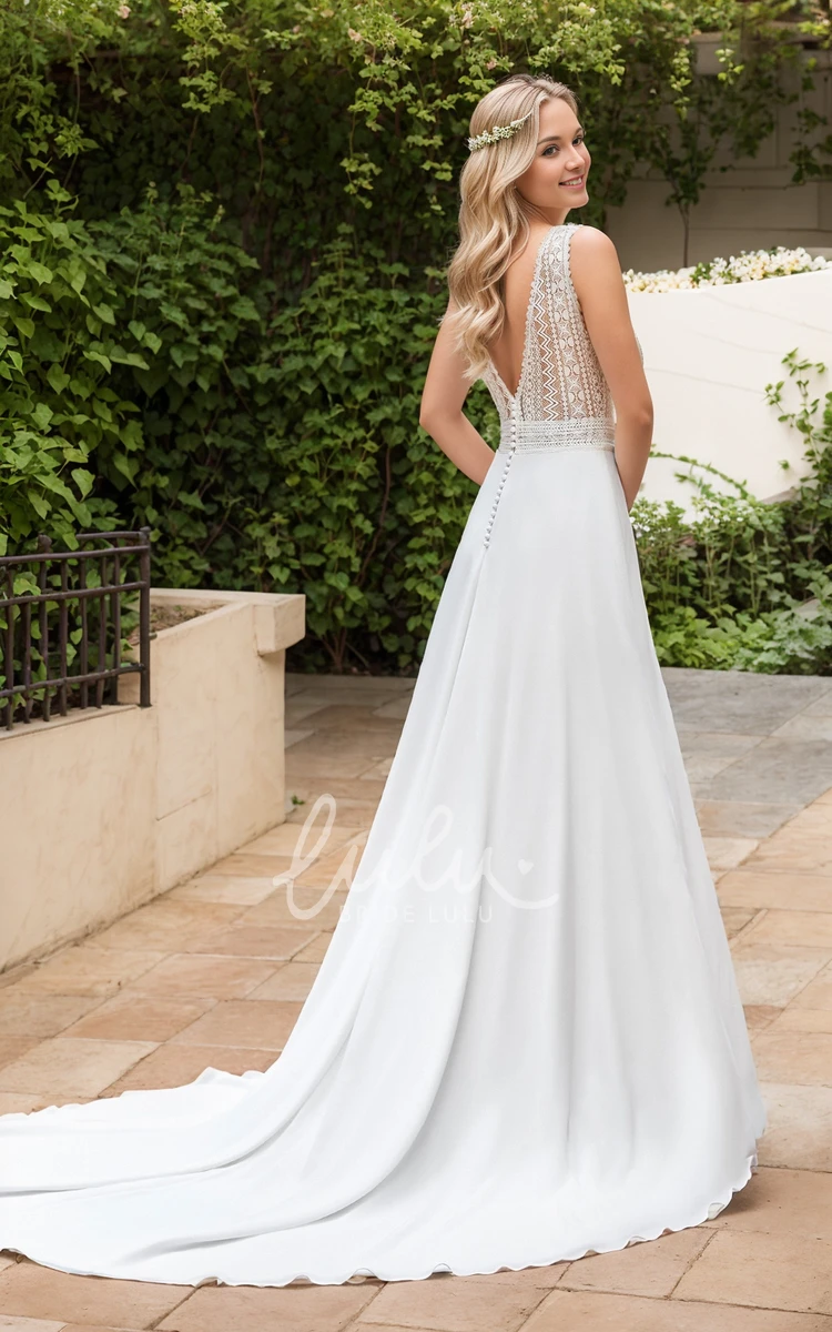 Modern Beach A-Line Boho Lace Split Front V-Neck Wedding Dress Vintage Elegant Sheer Back Bridal Gown with Train