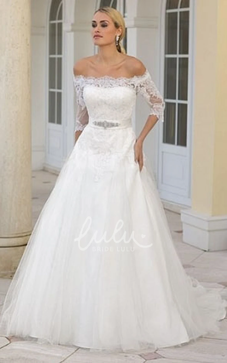 Off-Shoulder A-Line Tulle Wedding Dress with Jeweled Lace and Court Train