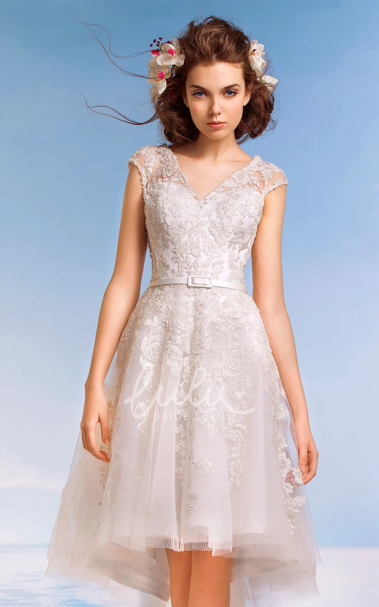 Lace Applique V-Neck Cap-Sleeve A-Line Knee-Length Wedding Dress