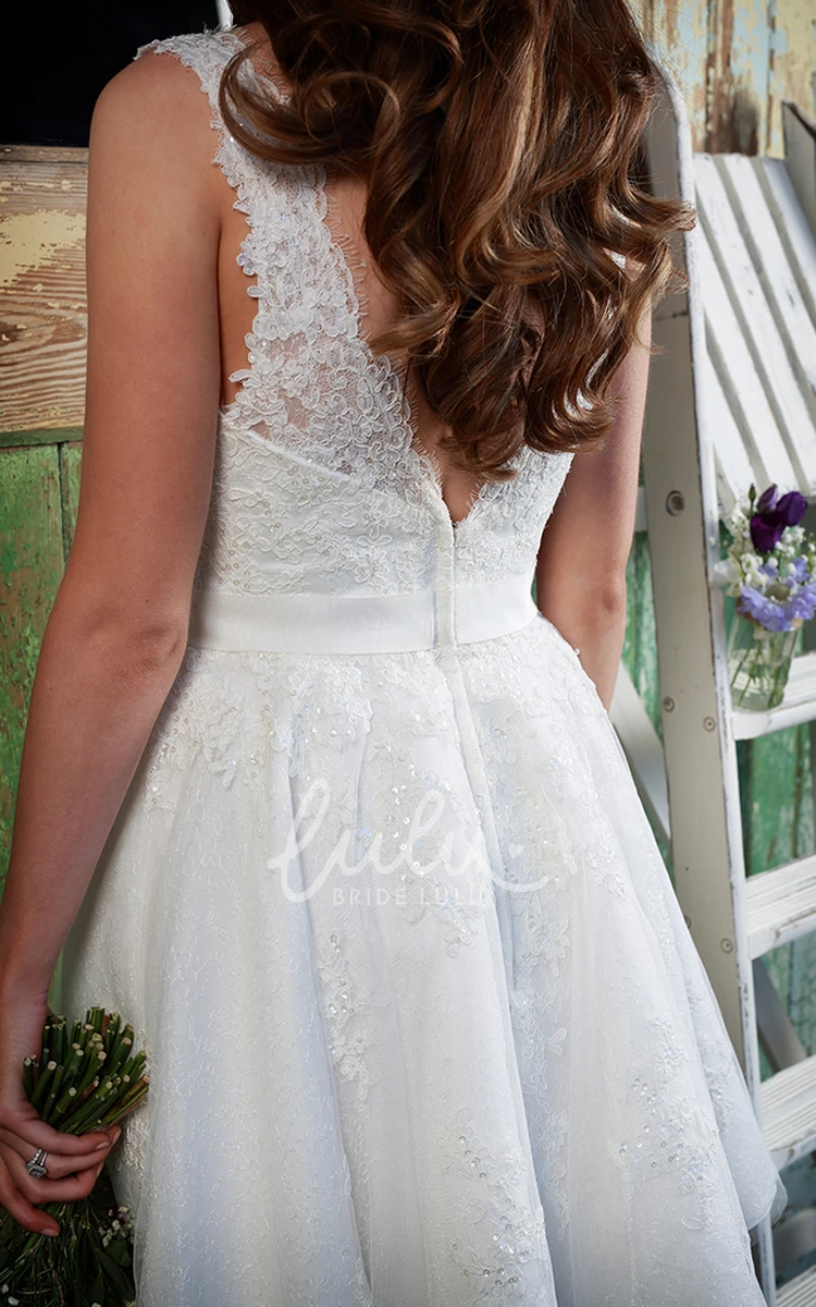 Short Sleeveless Square-Neck Jeweled Lace Wedding Dress Classy A-Line Bridal Gown