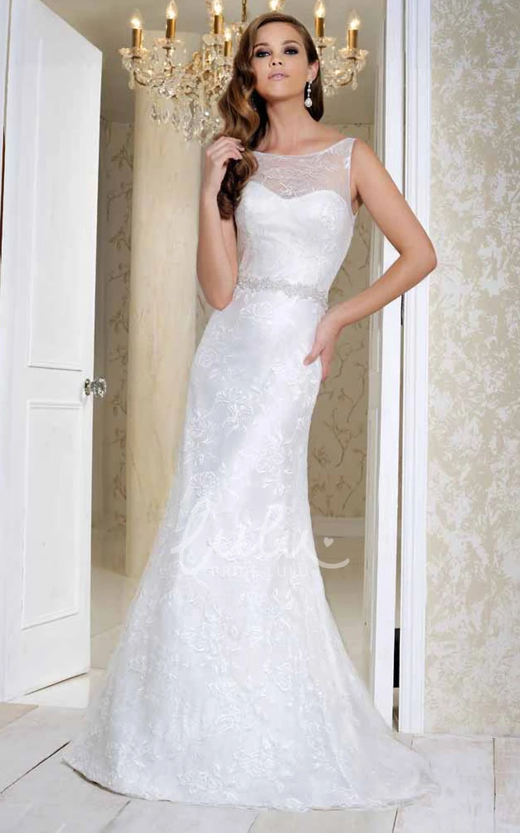 Embroidered Satin Wedding Dress with Illusion and Sweep Train Classic Bridal Gown