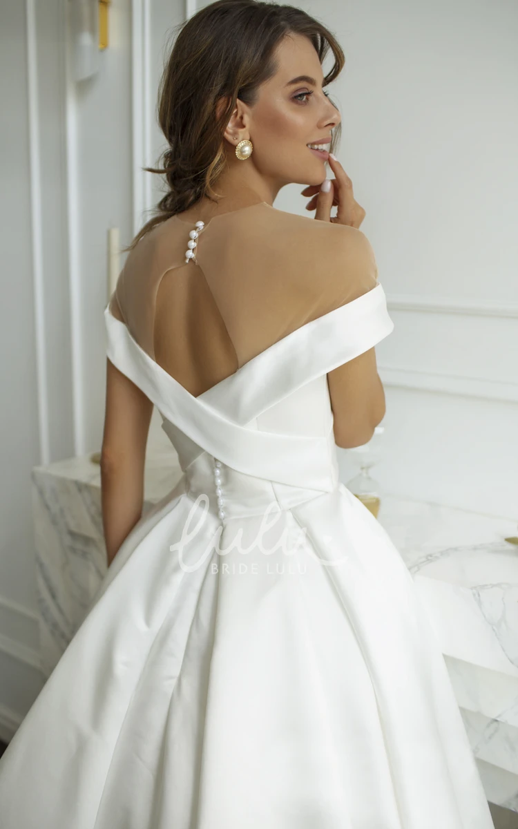 Satin Off-the-Shoulder Wedding Dress with Illusion Keyhole Back and Criss Cross + Classy Bridal Gown