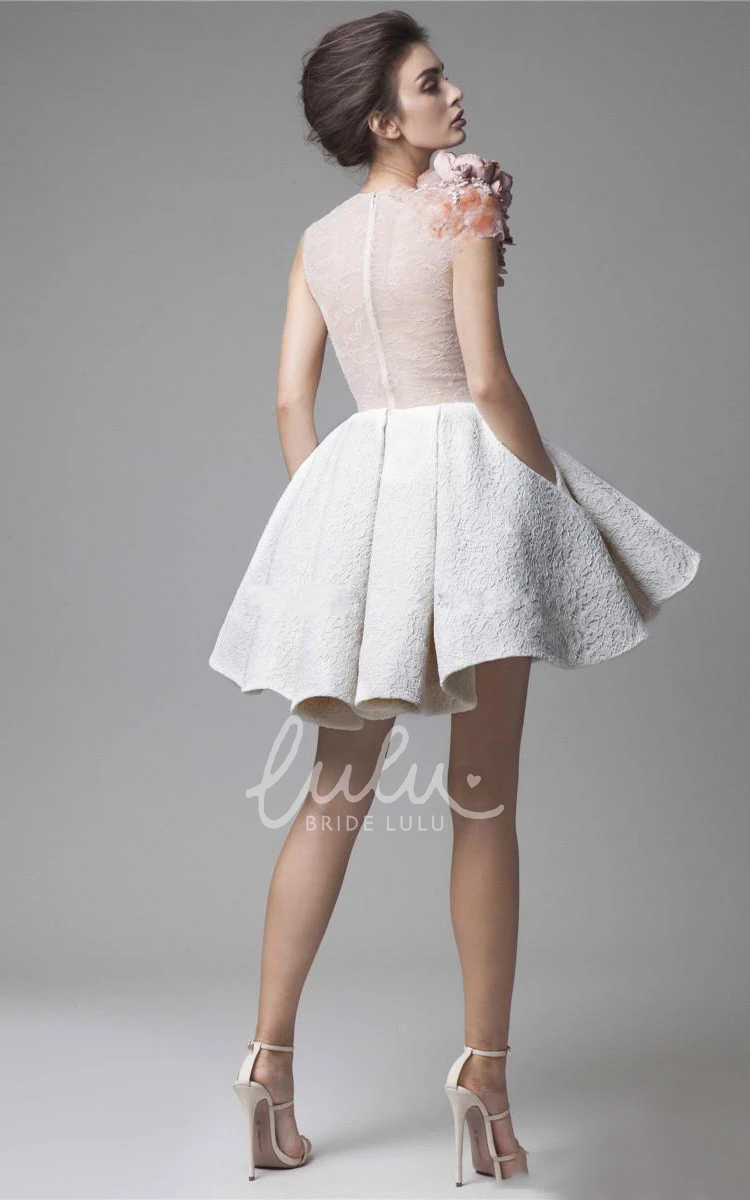 Sleeveless Two-Tone Short Skirt Prom Dress with Jewel-Neck and Delicate Flowers