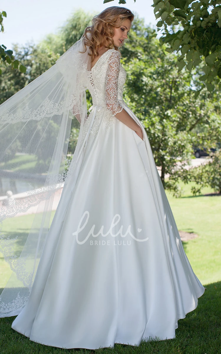 Satin A-Line V-Neck Wedding Dress with Appliques and 3/4 Sleeves