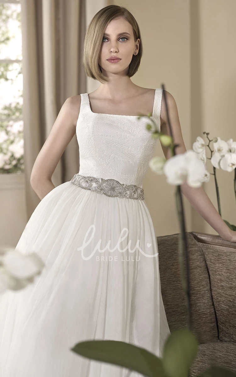 A-Line Tulle Wedding Dress with Square-Neck Jewels and Pleats