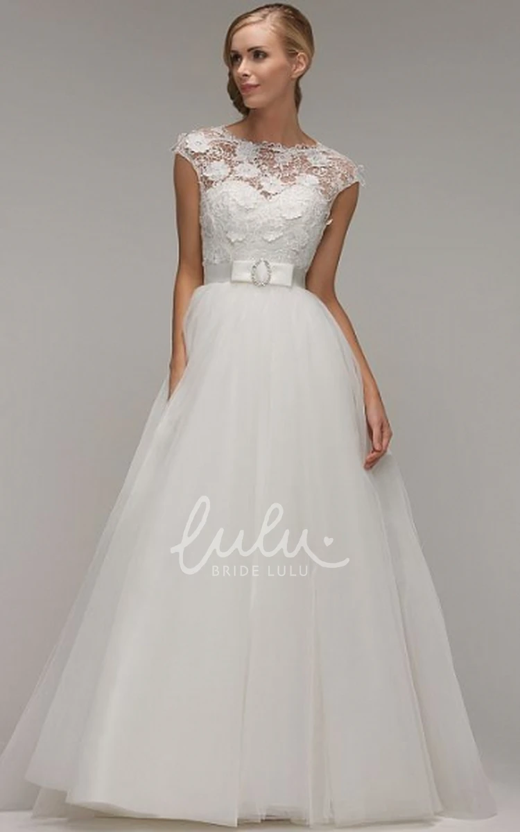 Cap-Sleeve Tulle A-Line Wedding Dress with Appliques and Illusion Scoop-Neck
