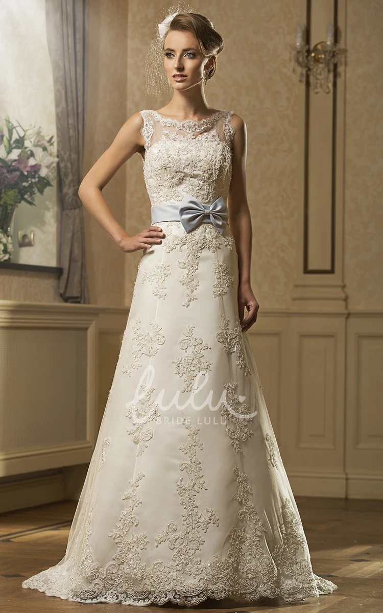 Sleeveless Scoop-Neck Lace A-Line Wedding Dress with Bow Classic and Modern