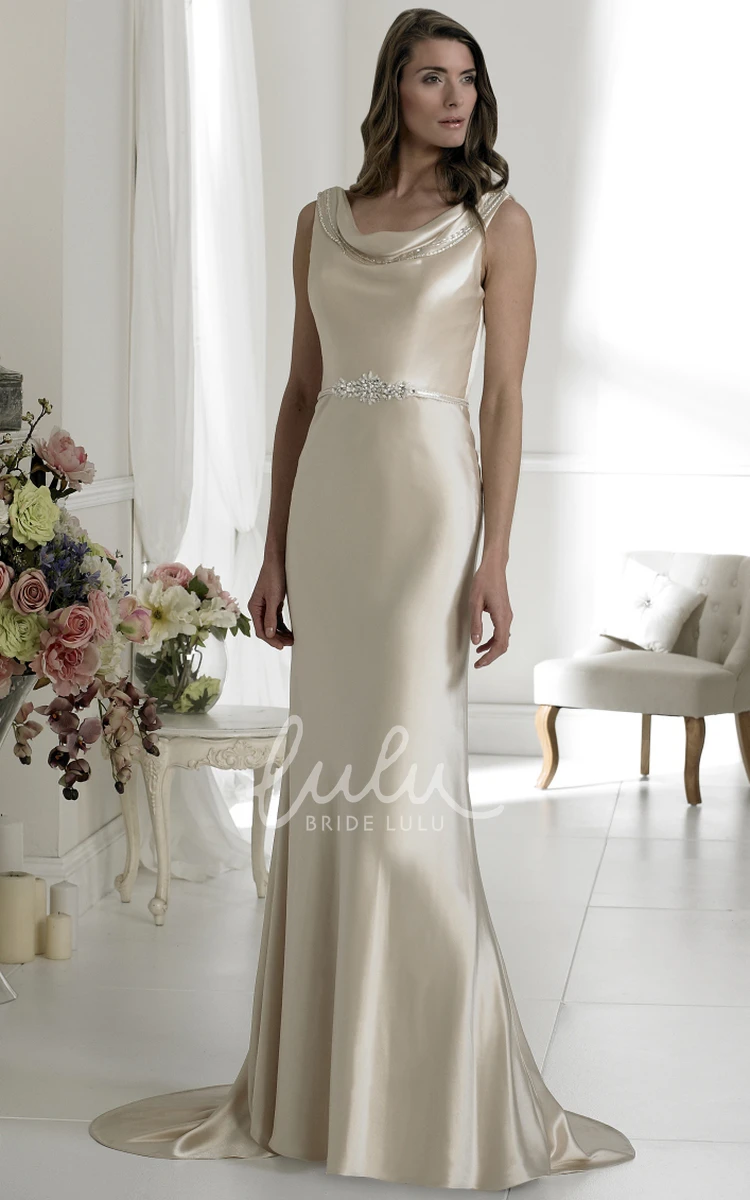 Satin Cowl-Neck Sleeveless Wedding Dress with Waist Jewelry Sheath Style