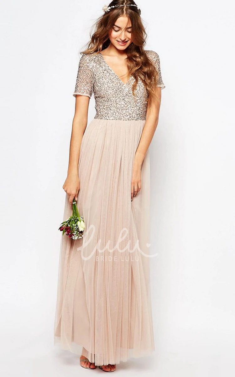 V-Neck Sequined Tulle Bridesmaid Dress with Pleats Ankle-Length