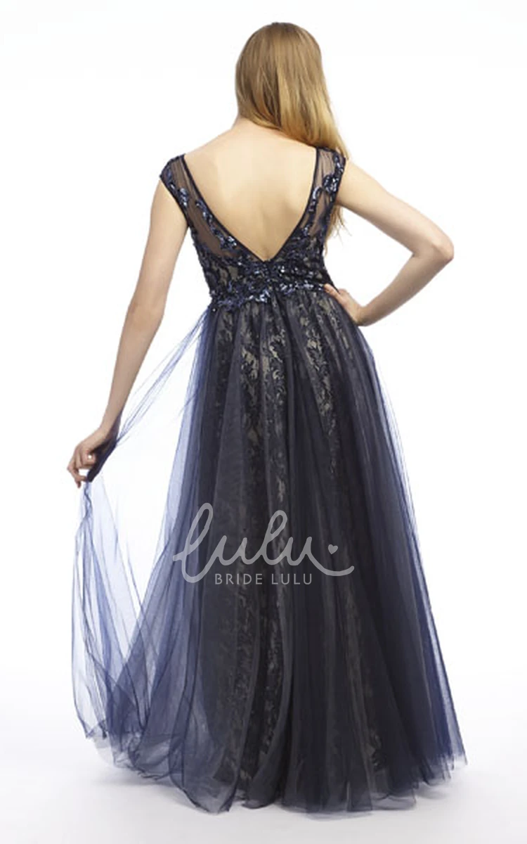 Floor-Length Bateau-Neck Tulle&Lace Prom Dress Cap-Sleeve Appliqued