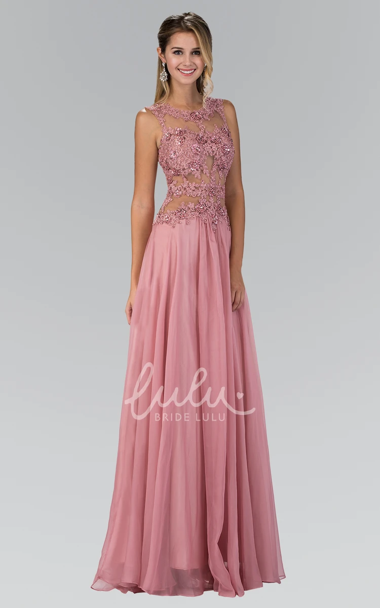 Sleeveless Chiffon Illusion Bridesmaid Dress with Beading and Pleats in A-Line Style