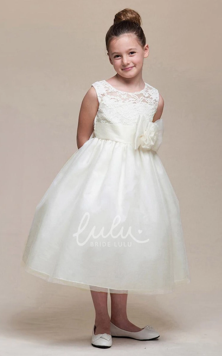 Floral Tulle&Lace Tea-Length Flower Girl Dress with Ribbon Unique 2024 Wedding Dress