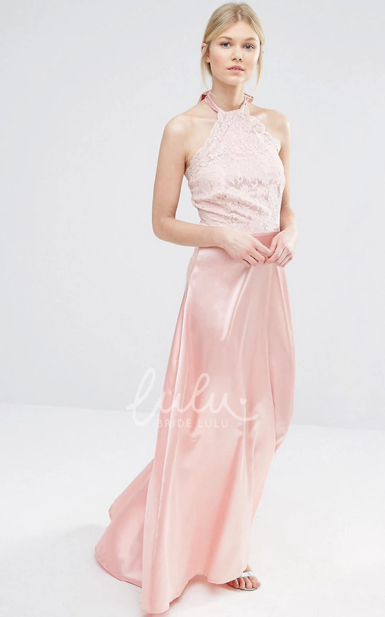 Satin Sheath High Neck Sleeveless Bridesmaid Dress With Lace