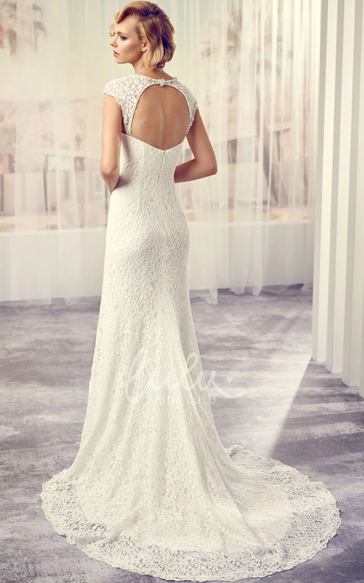 Cap-Sleeve Lace Wedding Dress with Keyhole Back and Court Train Classy Bridal Gown