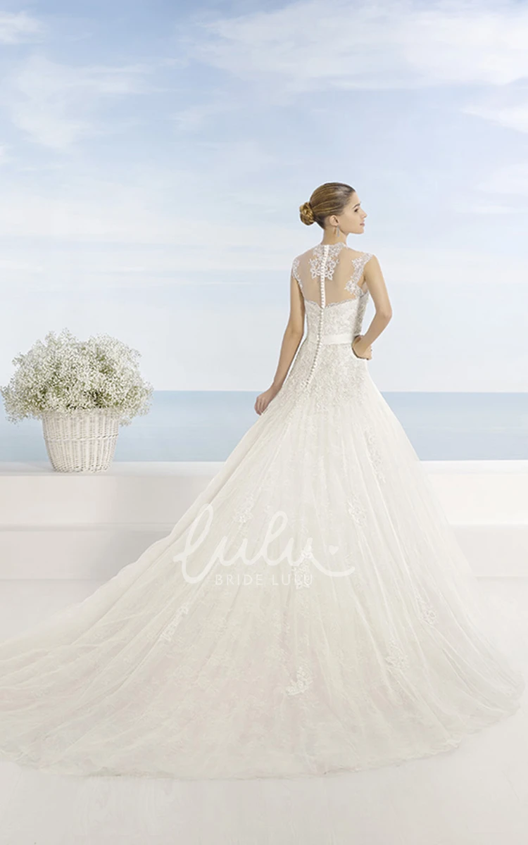 High Neck Appliqued Lace&Tulle Ball-Gown Wedding Dress Unique Bridal Gown