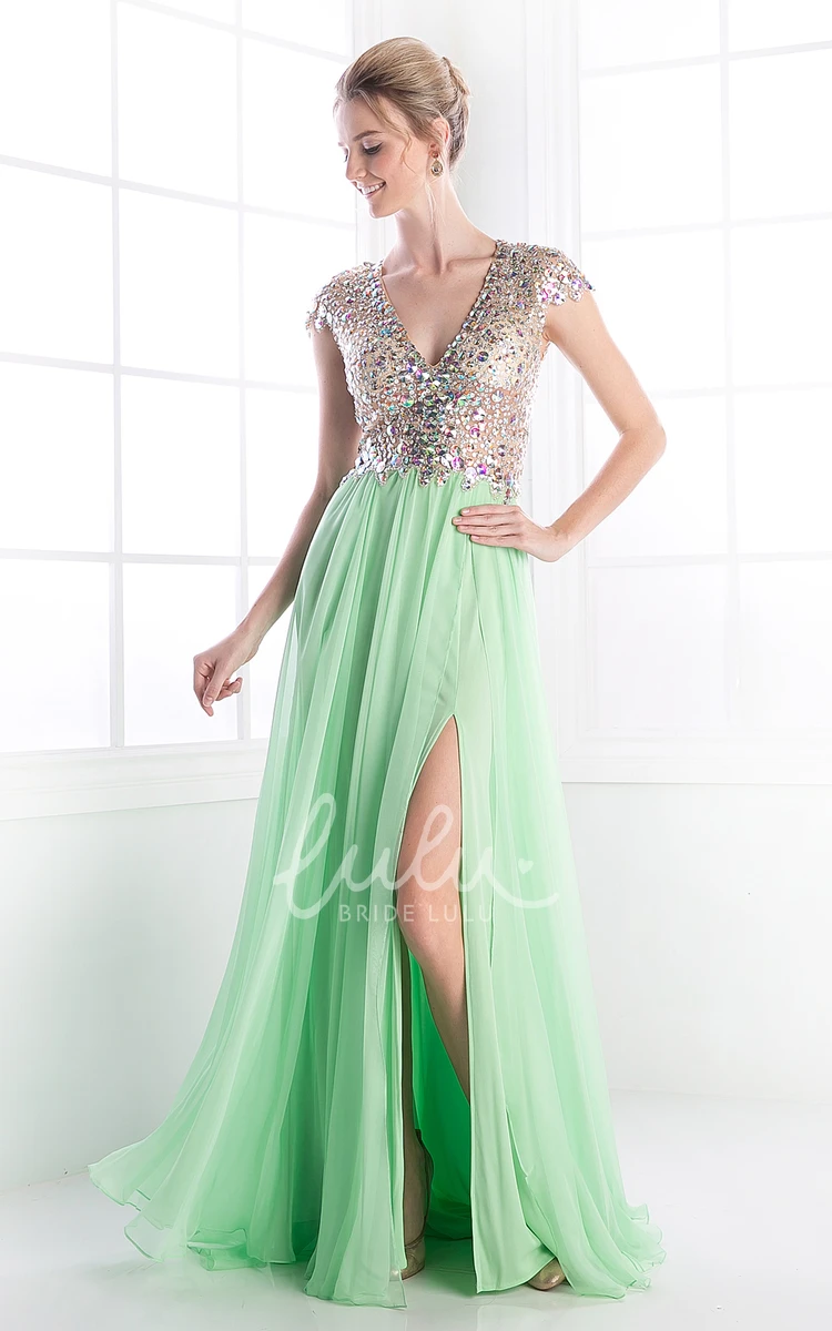 Chiffon Sheath Dress with Beading Split Front and Cap Sleeves for Prom