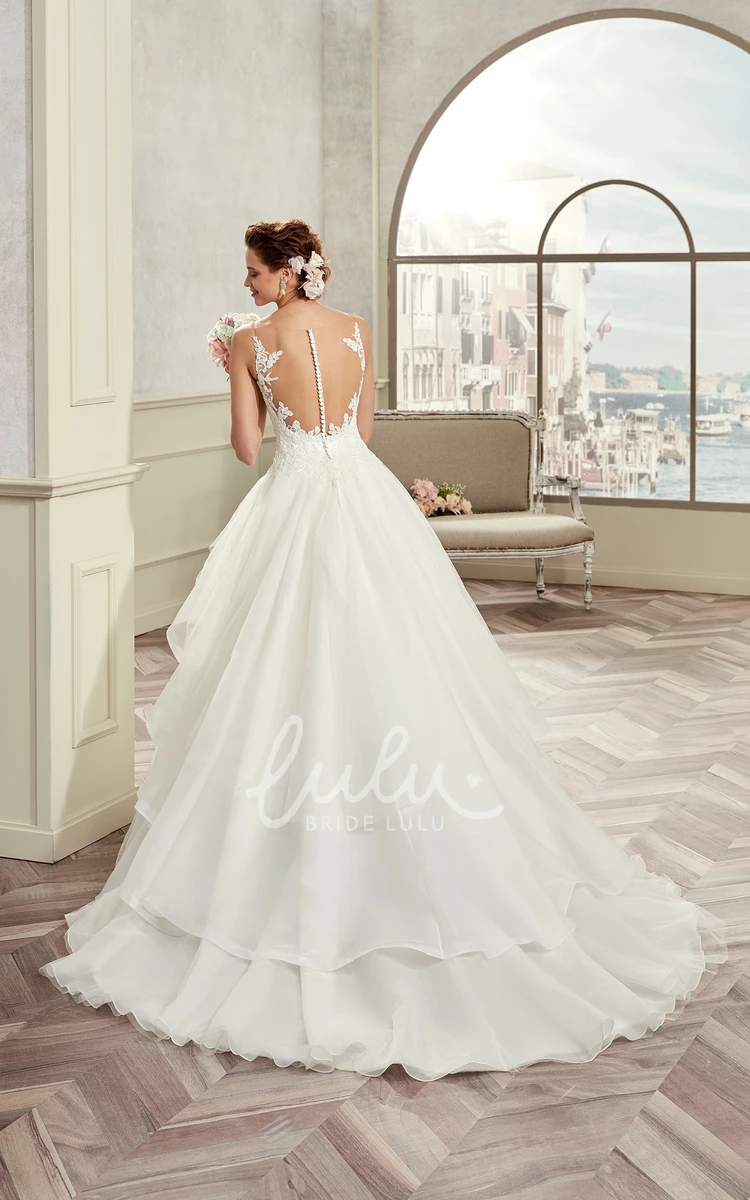 A-Line Wedding Dress with Sweetheart Neckline Spaghetti Straps Ruffles and Lace Bodice Romantic Bridal Gown