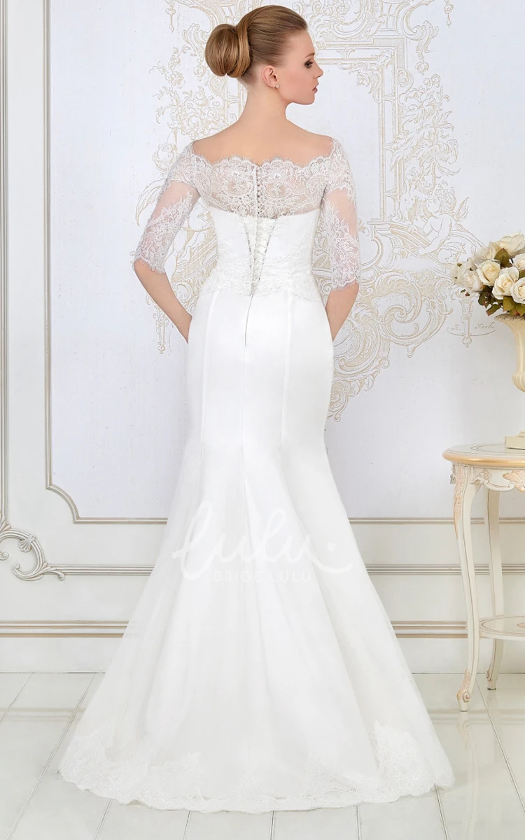 Half-Sleeve Lace and Satin Sheath Wedding Dress Floor-Length and Bateau-Neck