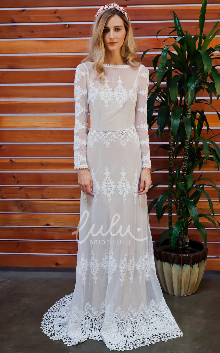 Vintage Boho A-Line Lace Jewel Neck Modest Wedding Dress Country Garden Floor-length Button Ruffles V Back Bridal Gown with Sweep Train