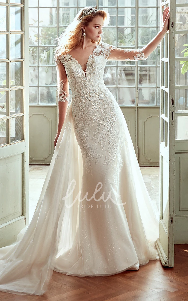 Half-Sleeve Lace Wedding Dress with Low-V Neck and Illusive Back Simple Lace Wedding Dress Women