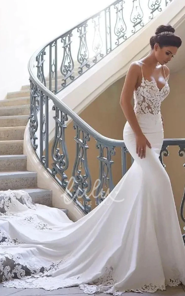 Sexy Mermaid Beach Wedding Dress V-Neck Backless Lace Spaghetti Straps Gown with Court Train