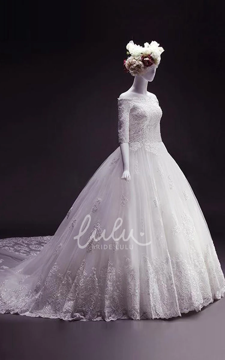 Off-Shoulder Lace Applique Tea-Length Ball Gown Wedding Dress