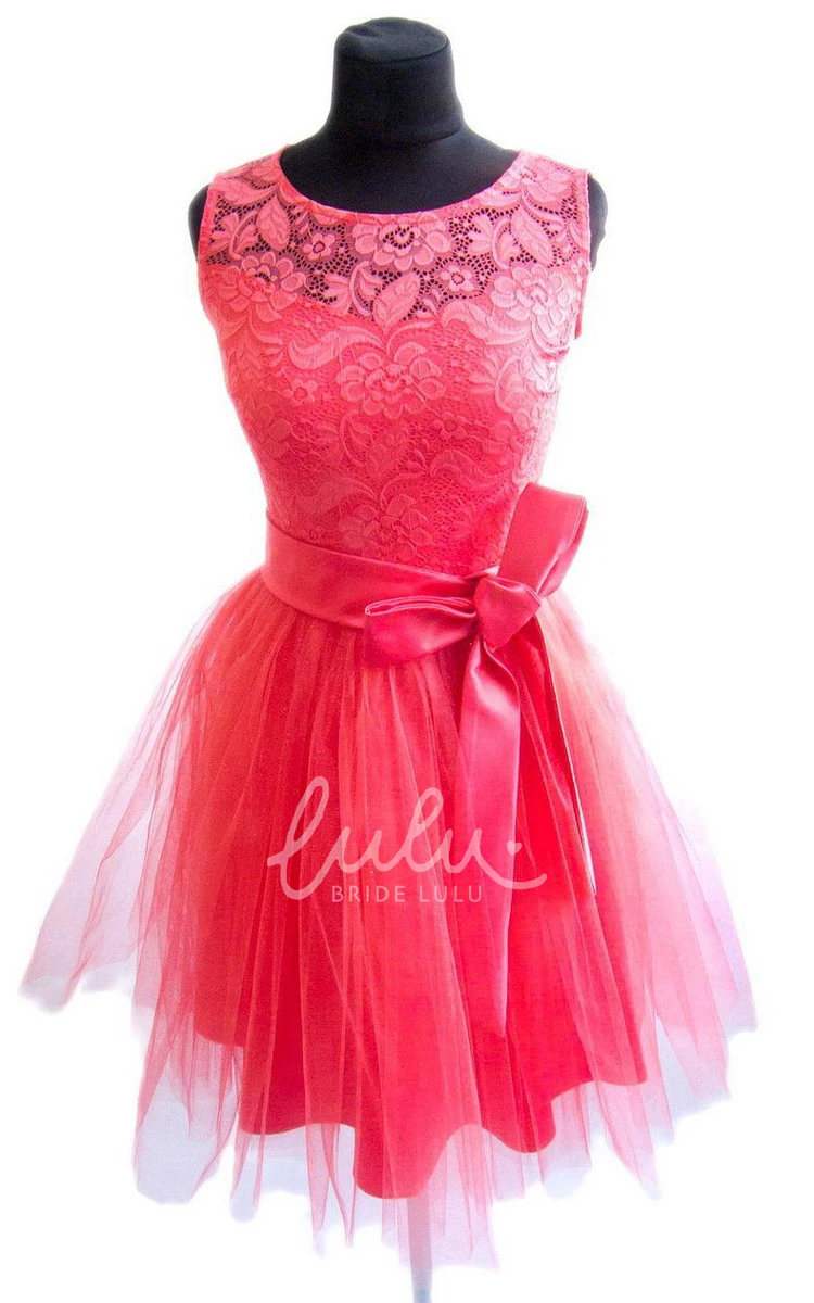 Lace and Tulle Mini Dress with Satin Belt for Bridesmaids