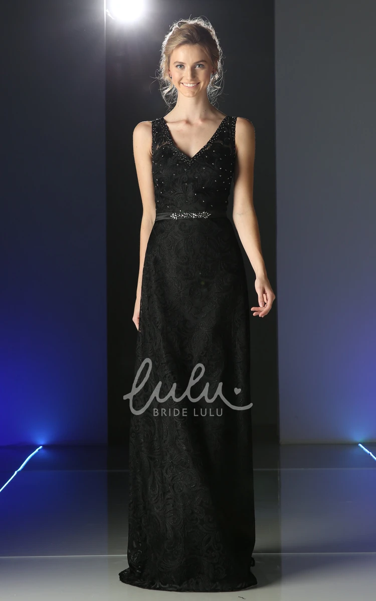 Short Sleeveless V-Neck Sheath Formal Dress with Beading and Lace