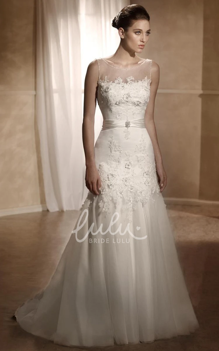 Sleeveless Tulle and Satin Wedding Dress with Appliques and Deep-V Back A-Line Style