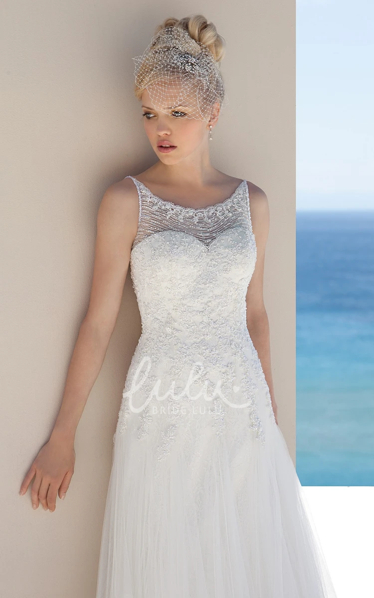 Tulle Scoop-Neck A-Line Wedding Dress with Beaded Appliques and Floor-Length