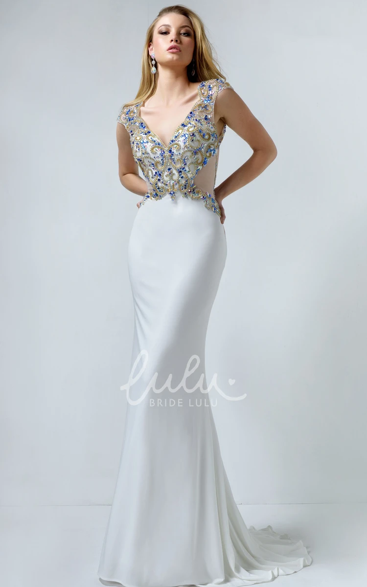 Crystal Detailing V-Neck Cap-Sleeve Sheath Prom Dress in Jersey Fabric