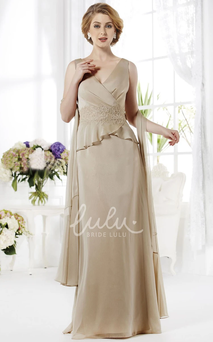 Elegant V-Neck Mother Of The Bride Dress with Ruffles and Appliques Long Sleeveless Formal Dress