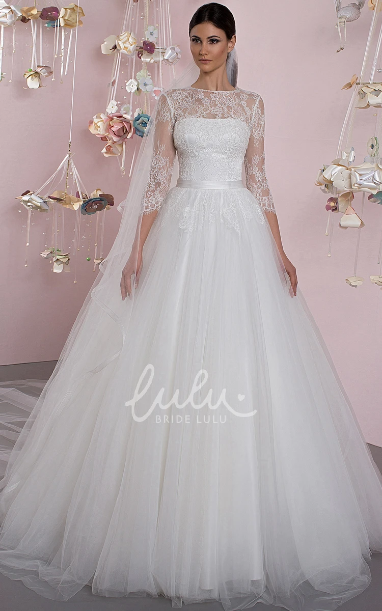 Jewel Neck Tulle Ball Gown Wedding Dress with 3-4 Sleeves Classic Bridal Gown