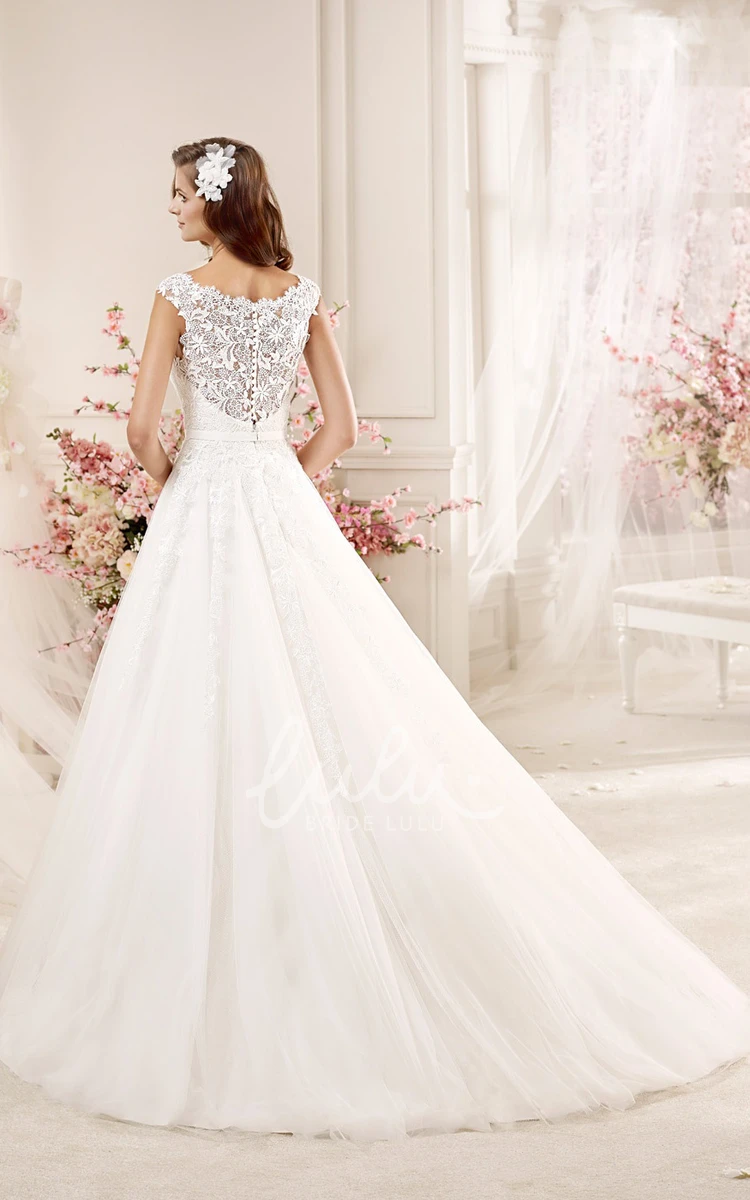 Illusive Lace Cap-sleeve Wedding Dress with Brush Train Scalloped Neck and Timeless