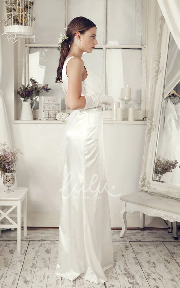 Jeweled Satin V-Neck Wedding Dress with Low-V Back and Bow Sheath Style