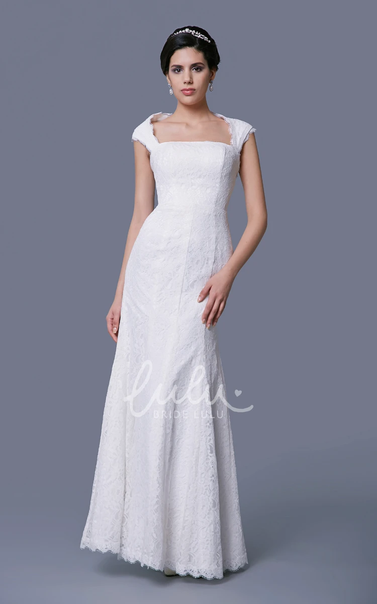 Lace Cap-Sleeved Sheath Wedding Dress with Square Neckline and Keyhole Back