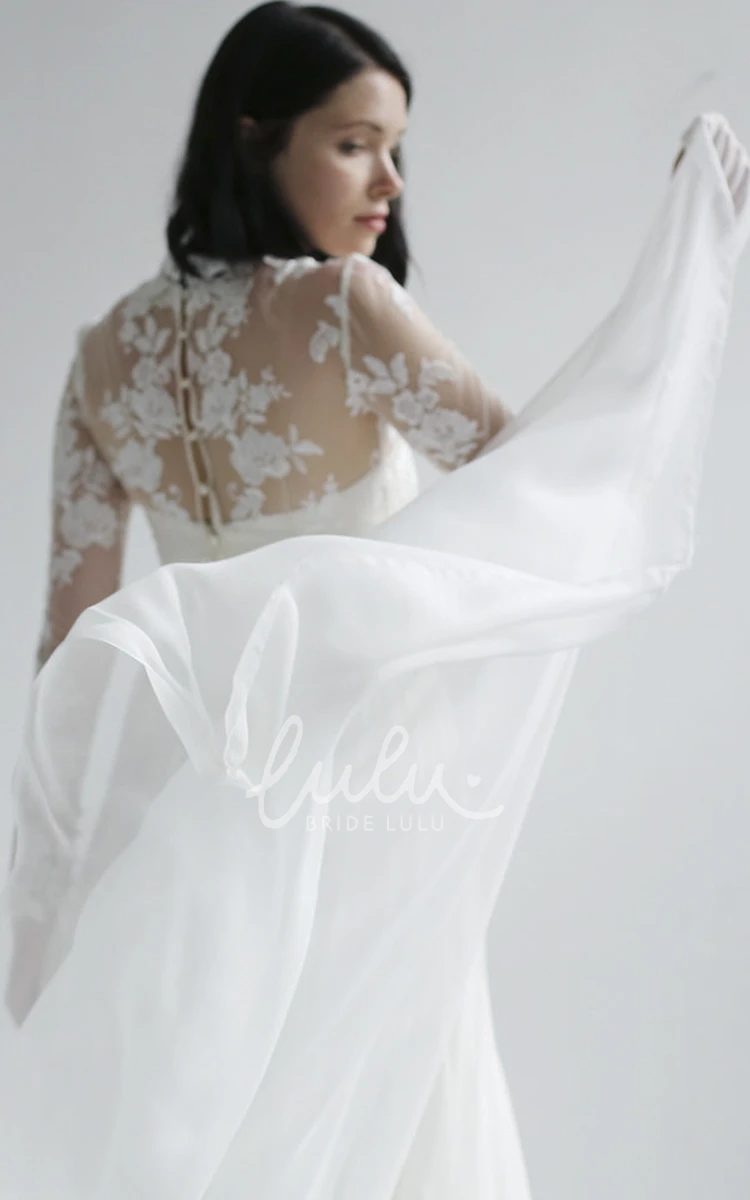 Vintage High Neck Lace Chiffon Wedding Dress with Long Sleeves