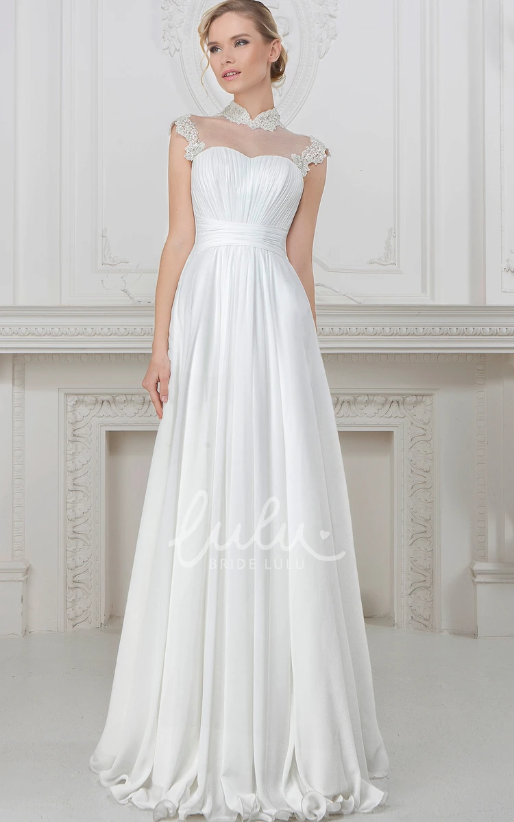 High-Neck Satin Wedding Dress with Cap Sleeves and A-Line Skirt Modern Wedding Dress