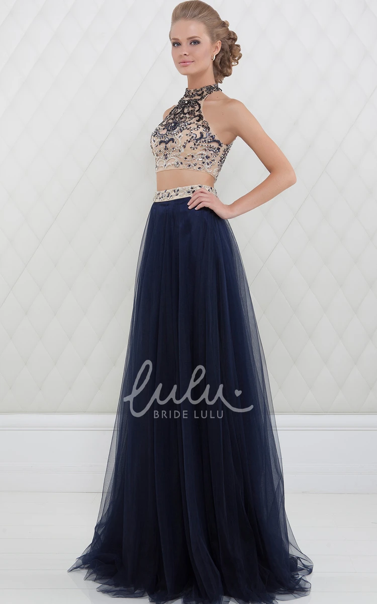 Maxi Tulle Prom Dress with High-Neck Beaded Sleeveless A-Line and Elegant Waist Jewellery