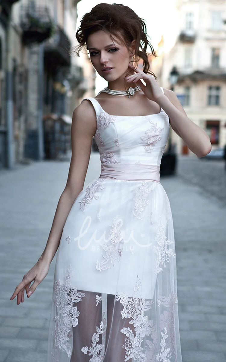 Square A-Line Prom Dress with Appliqued Lace and Satin Sleeveless and Floor-Length