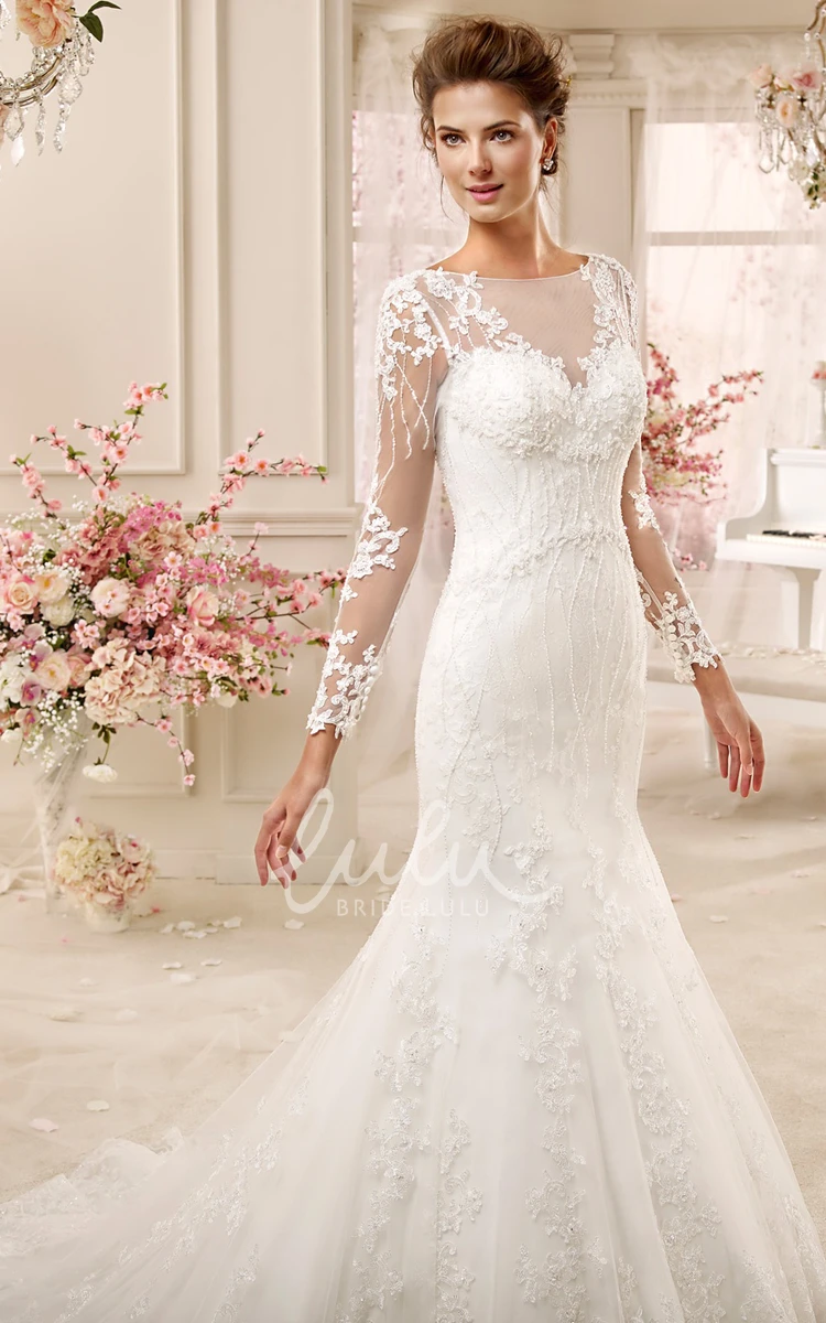 Illusive Design Long-Sleeve Mermaid Wedding Dress with Brush Train Elegant Women's Bridal Gown