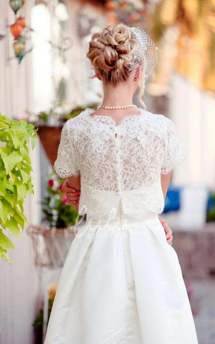 Lace Button Back Scalloped Sleeve Satin Wedding Dress