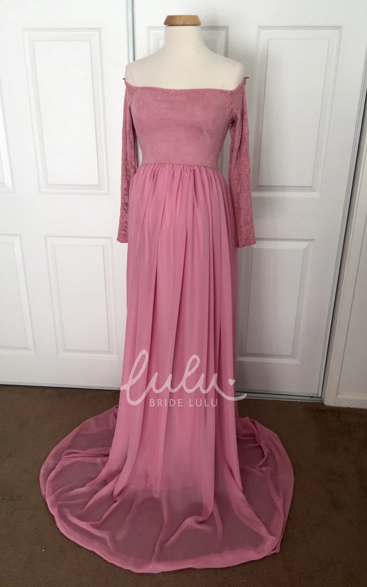 Off-the-shoulder Pleated Maternity Dress with Lace and Chiffon A-line