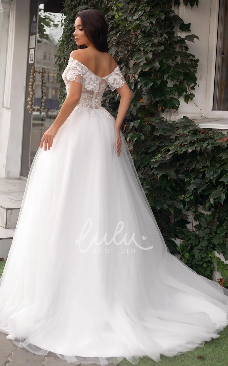 Off-the-Shoulder Tulle Ball Gown Wedding Dress with Ruching and Sweep Train
