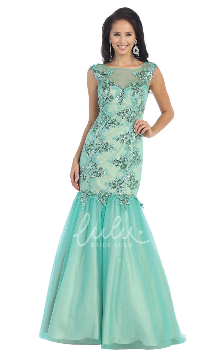 Applique Sequin Mermaid Formal Dress with Bateau Illusion Neckline