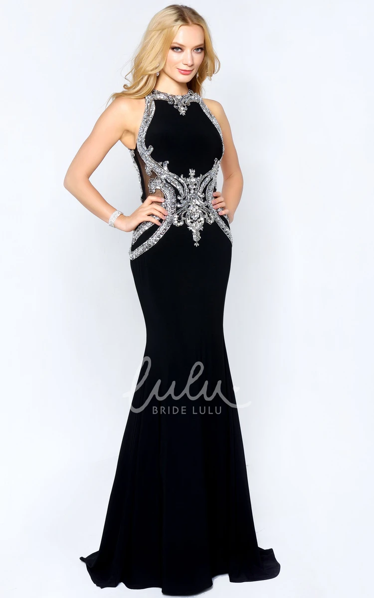 Maxi Jersey Formal Dress with Jewel-Neck and Crystal Detailing