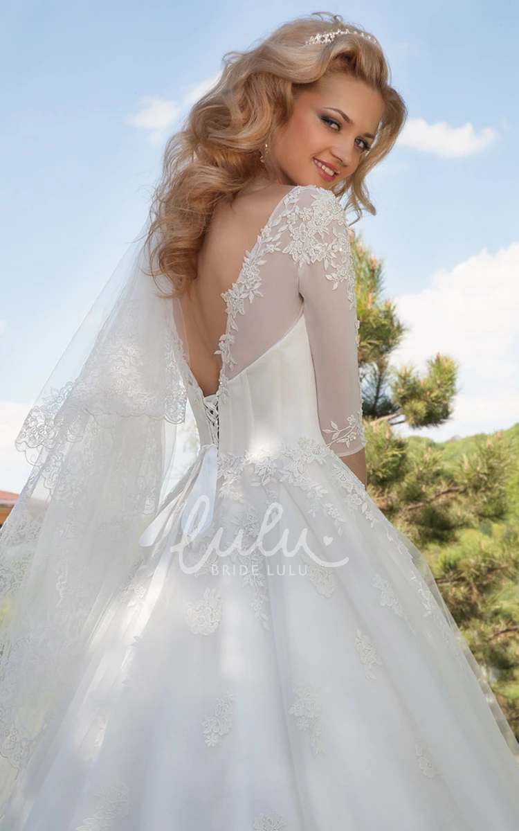 Appliqued Tulle Ball Gown Wedding Dress With Illusion Neckline and Sleeves